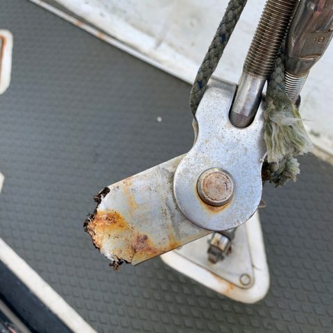 A corroded rigging fitting recorded during a survey