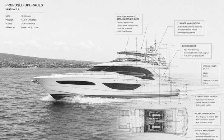 A technical drawing of a yacht upgrade project